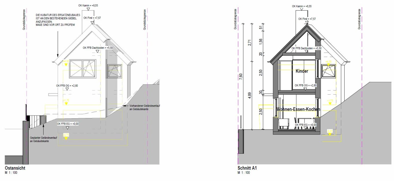 Ostansicht & Schnitt A1
